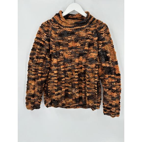 Handmade Sweater Womens Small Orange Black Chunky Knit Pullover Mock Neckline - Picture 1 of 16